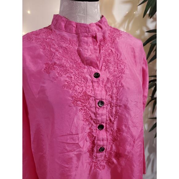 Chicos 100% Silk Shell Button Embroidered Blouse Womens Size 2 US L 12 Pink Top - Picture 5 of 11